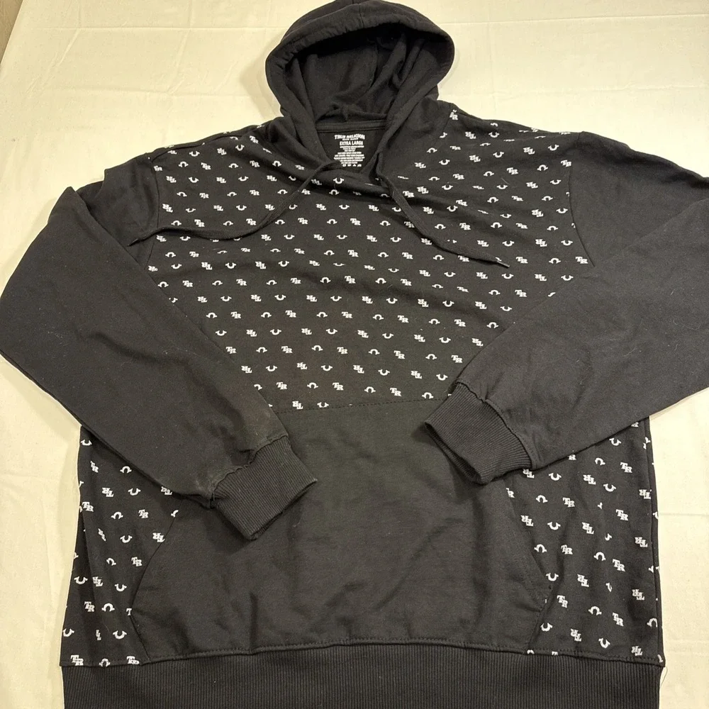SWEATER SWEATSHIRT MENS XL‎ True Religion All Over Print Hoodie  Black/WHITE